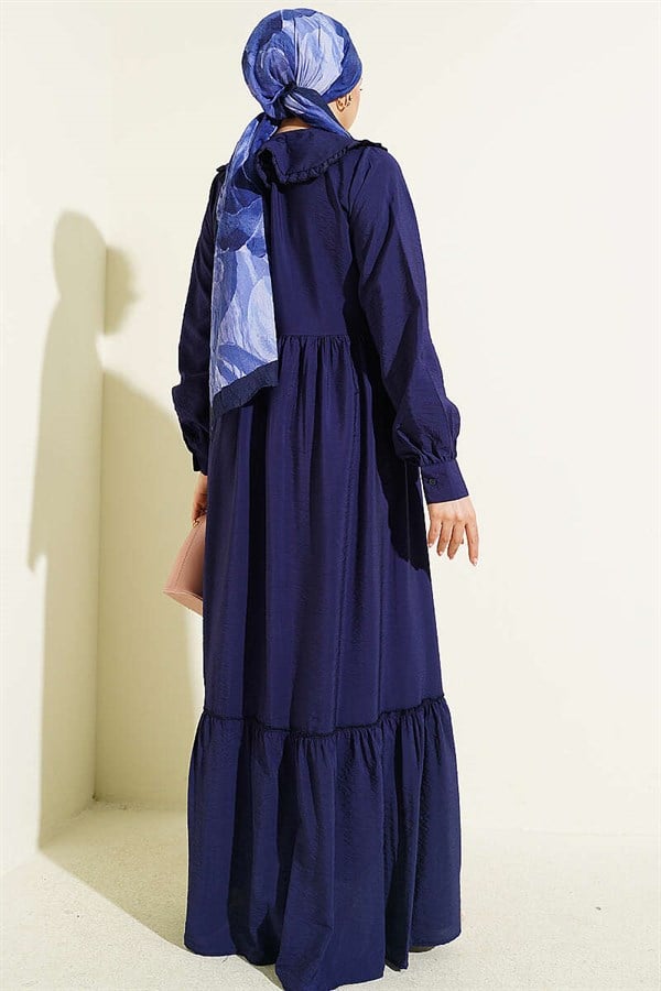 Ruffled Peter Pan Collar Button-Down Dress Navy Blue