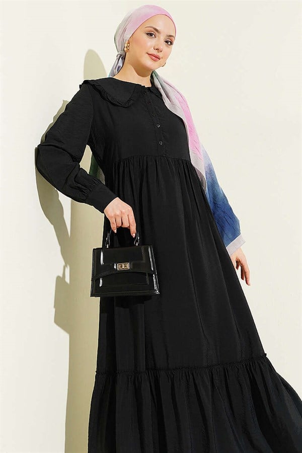 Ruffled Peter Pan Collar Button-Down Dress, Black