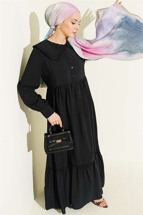 Ruffled Peter Pan Collar Button-Down Dress, Black