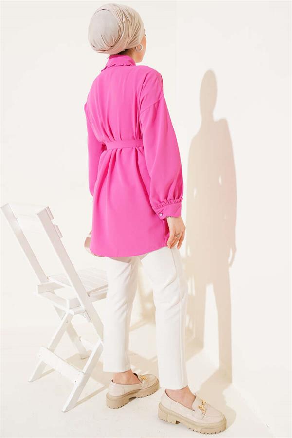 Frilled Baby Collar Belted Shirt Fuchsia