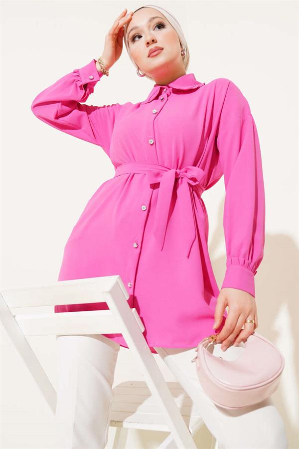 Frilled Baby Collar Belted Shirt Fuchsia