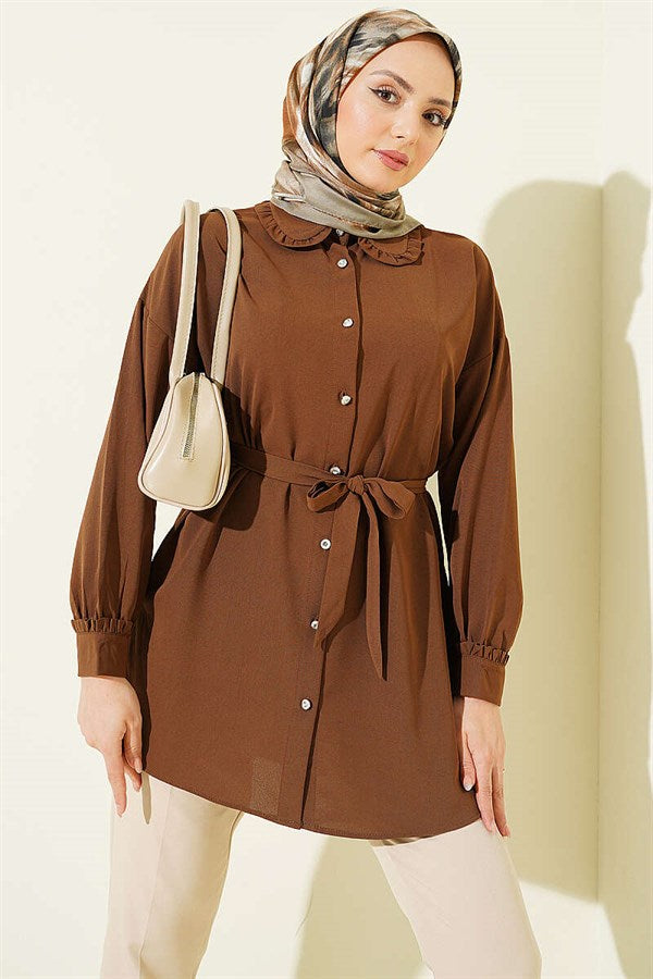 Ruffled Peter Pan Collar Belted Shirt, Coffee