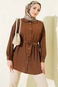 Ruffled Peter Pan Collar Belted Shirt, Coffee