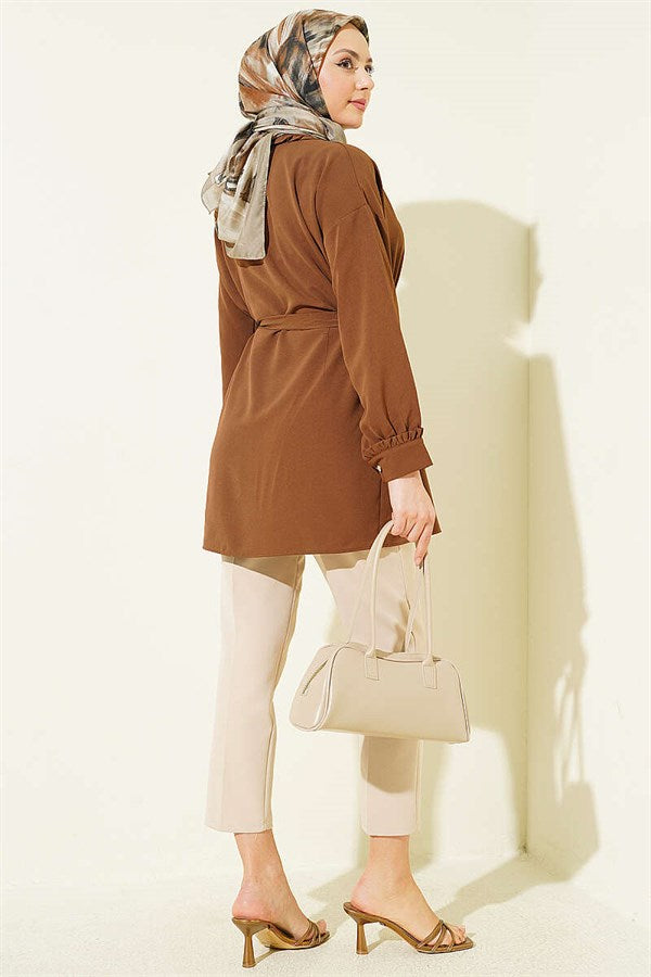 Ruffled Peter Pan Collar Belted Shirt, Coffee