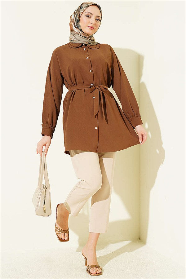 Ruffled Peter Pan Collar Belted Shirt, Coffee