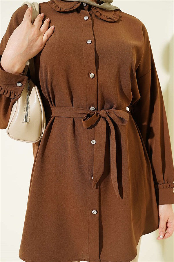 Ruffled Peter Pan Collar Belted Shirt, Coffee