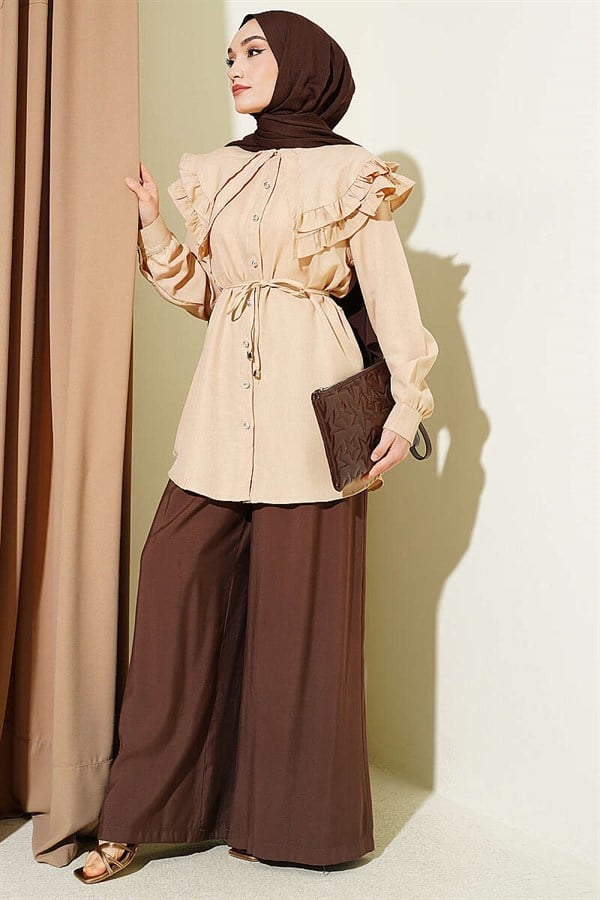 Ruffled Double Sailor Collar Shirt, Beige
