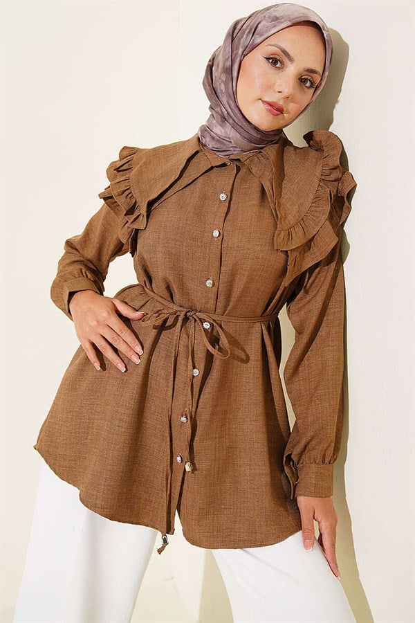 Ruffled Double Sailor Collar Shirt, Brown