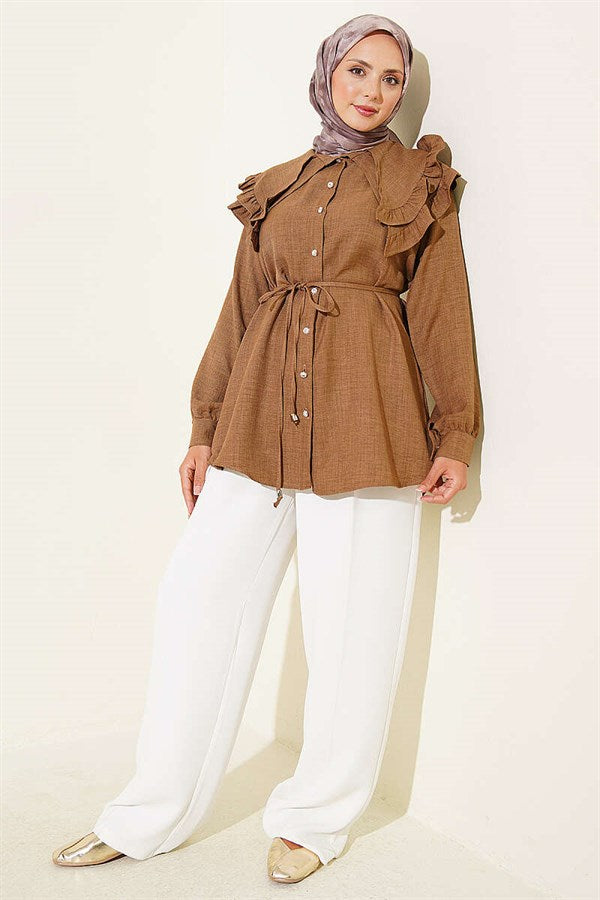 Ruffled Double Sailor Collar Shirt, Brown