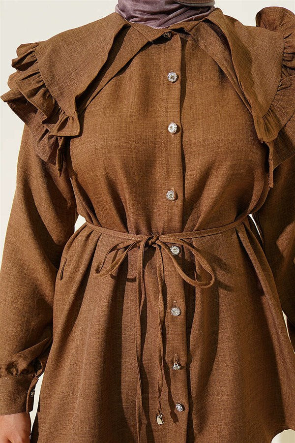 Ruffled Double Sailor Collar Shirt, Brown