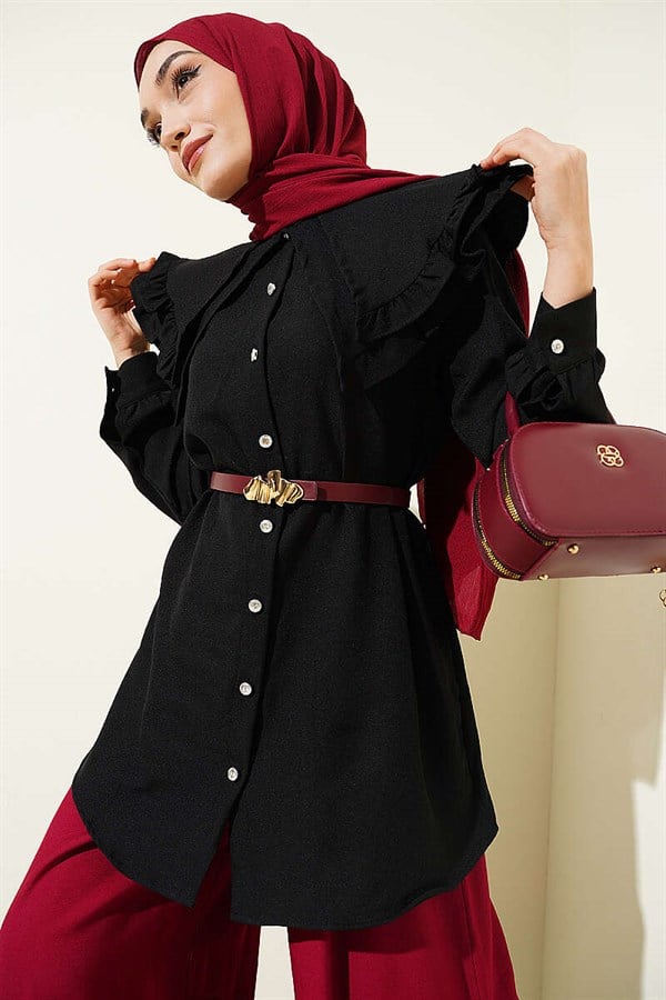Ruffled Double Sailor Collar Shirt, Black