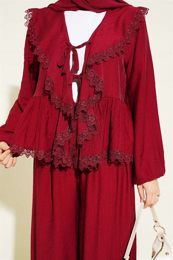 Ruffled Lace Tie 2 Piece Set in Burgundy