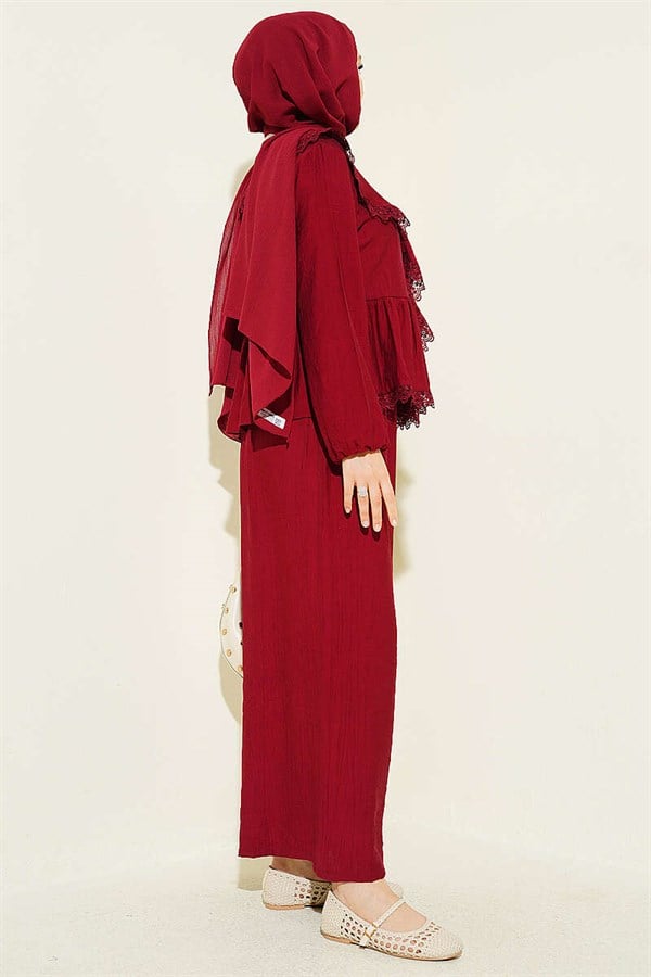Ruffled Lace Tie 2 Piece Set in Burgundy
