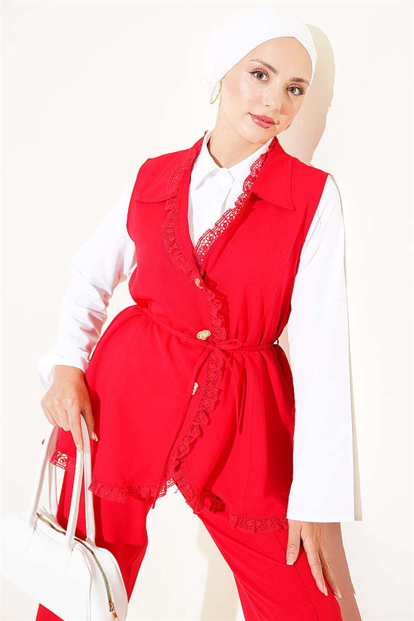 2 Piece Set with Ruffled Lace Vest, Red