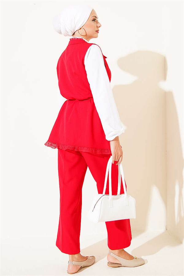 2 Piece Set with Ruffled Lace Vest, Red