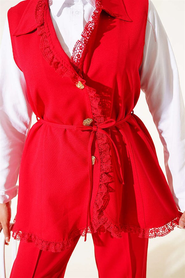 2 Piece Set with Ruffled Lace Vest, Red