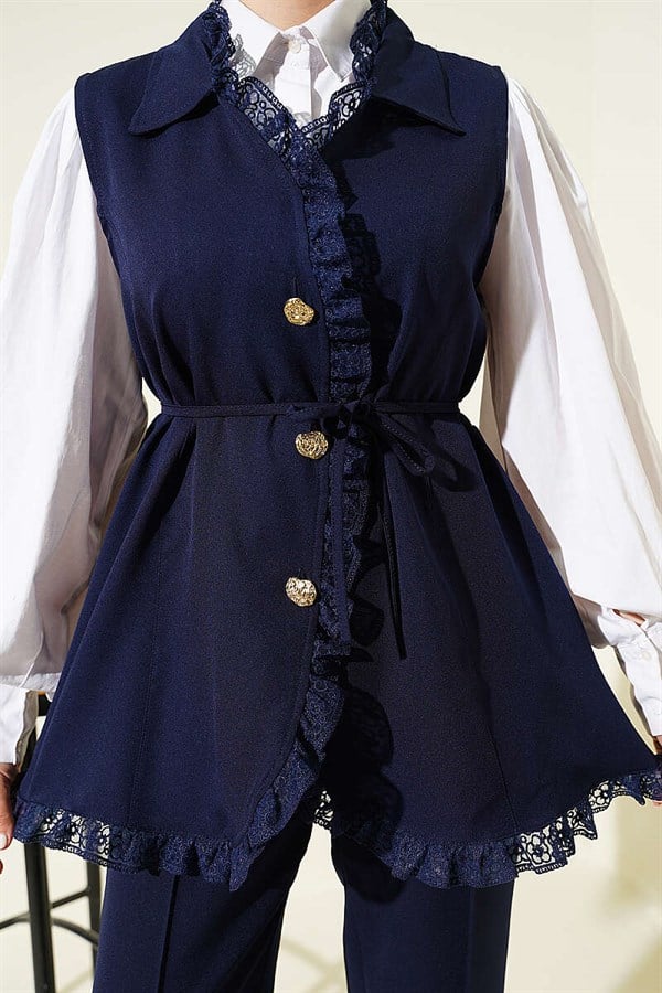 2 Piece Set with ruffled lace vest, navy blue.