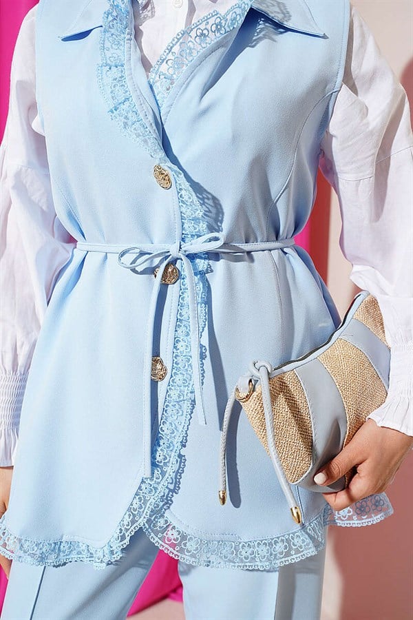 2 Piece Set with Ruffled Lace Vest, Blue