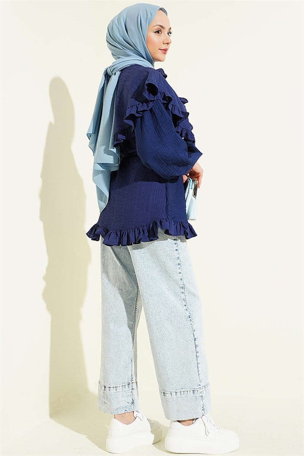 Ruffled Sailor Collar Shirt with Drawstring, Navy Blue