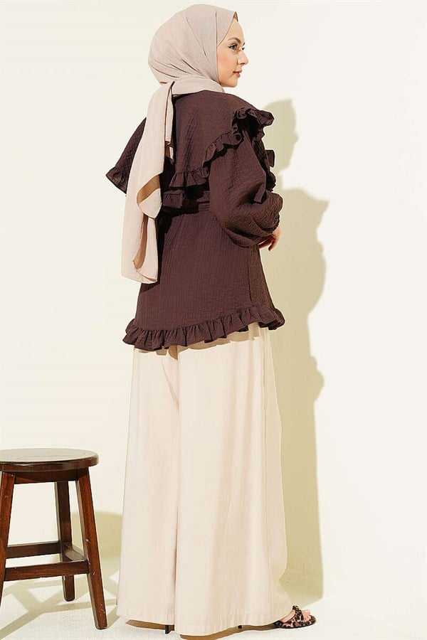 Ruffled Sailor Collar Shirt with Drawstring Belt, Coffee