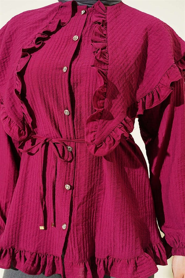Ruffled Sailor Collar Shirt with Drawstring Belt, Burgundy
