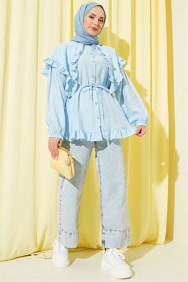 Ruffled Sailor Collar Shirt with Drawstring Belt, Blue