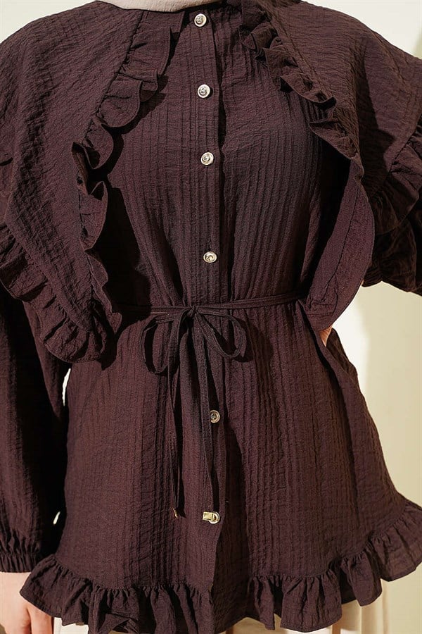 Ruffled Sailor Collar Shirt with Drawstring Belt, Coffee