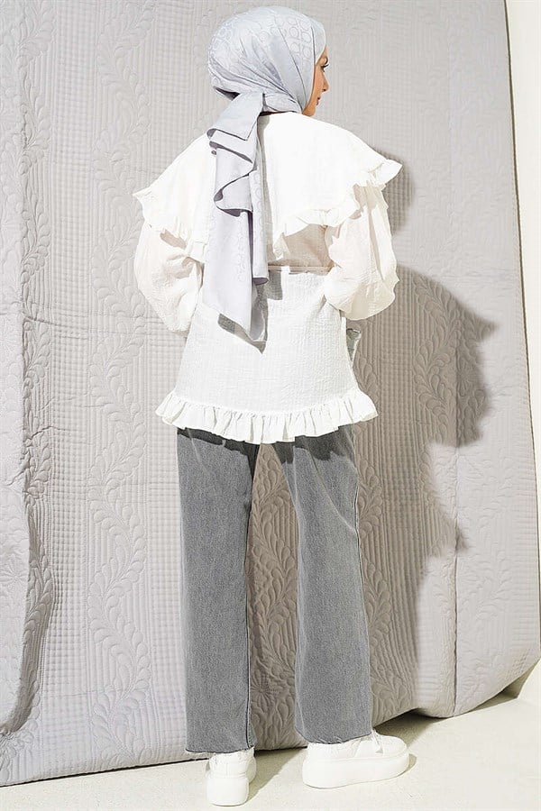 Ruffled Sailor Collar Shirt with Drawstring Belt, Ecru