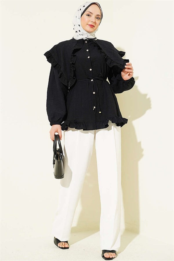 Ruffled Sailor Collar Shirt with Drawstring Belt, Black