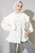 Ruffled Sailor Collar Shirt with Drawstring Belt, Ecru