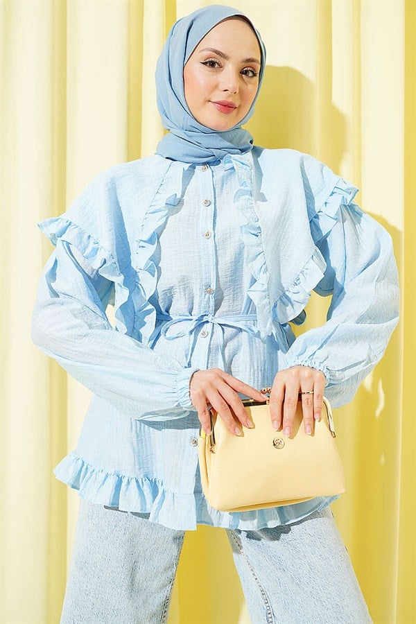 Ruffled Sailor Collar Shirt with Drawstring Belt, Blue