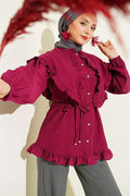 Ruffled Sailor Collar Shirt with Drawstring Belt, Burgundy