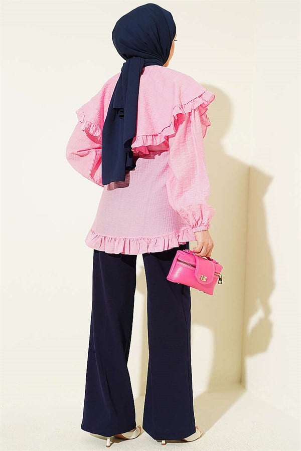 Pink Ruffled Sailor Collar Shirt with Drawstring