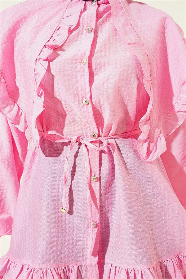 Pink Ruffled Sailor Collar Shirt with Drawstring