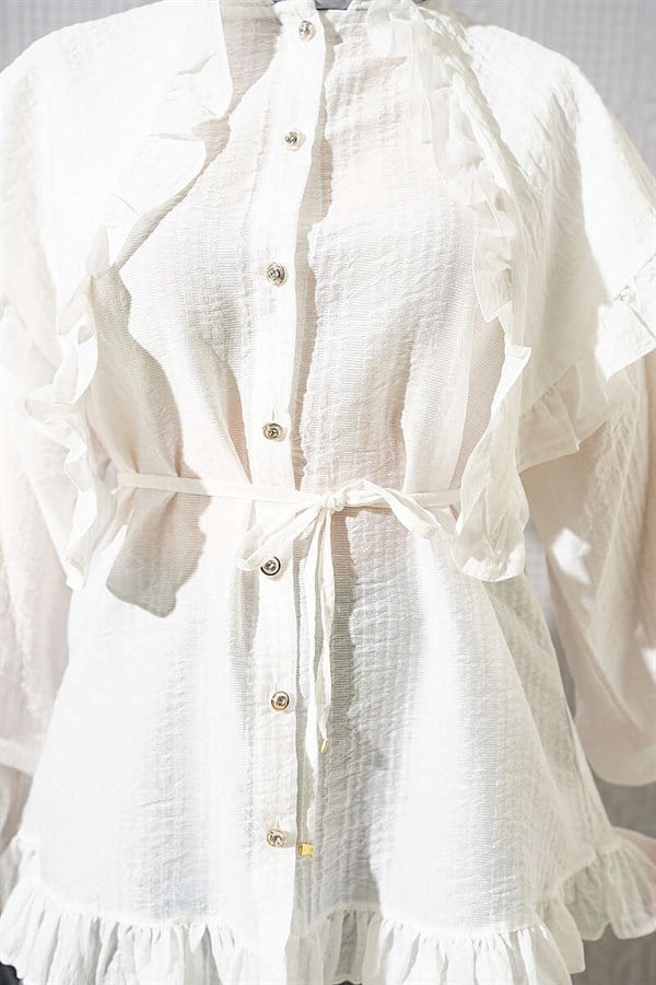 Ruffled Sailor Collar Shirt with Drawstring Belt, Ecru