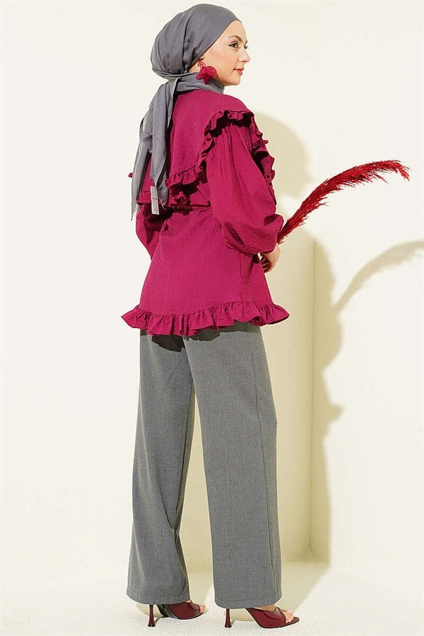 Ruffled Sailor Collar Shirt with Drawstring Belt, Burgundy