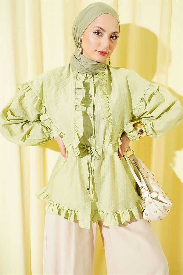 Ruffled Sailor Collar Shirt with Drawstring Belt, Light Green
