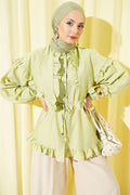 Ruffled Sailor Collar Shirt with Drawstring Belt, Light Green