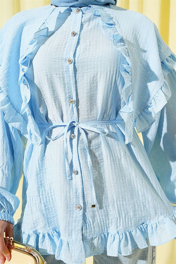 Ruffled Sailor Collar Shirt with Drawstring Belt, Blue
