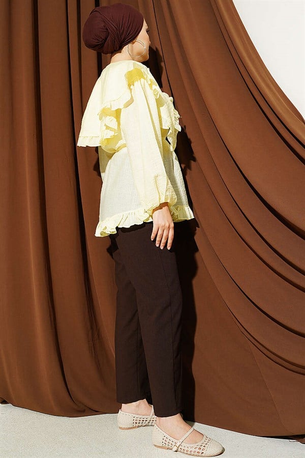 Ruffled Sailor Collar Shirt with Drawstring Belt, Yellow