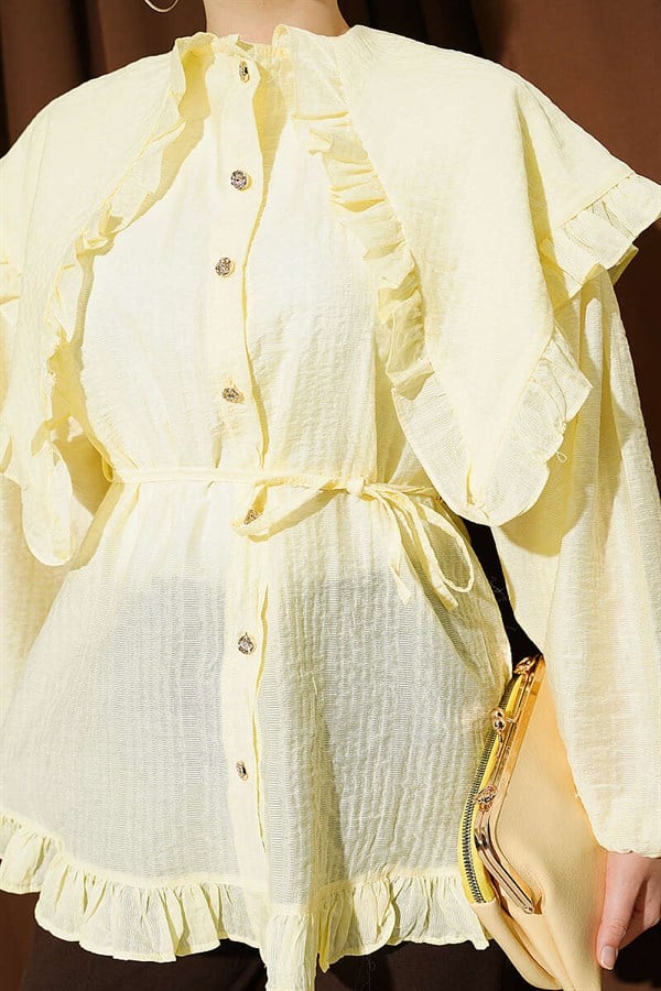 Ruffled Sailor Collar Shirt with Drawstring Belt, Yellow