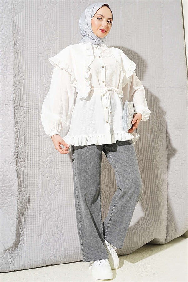 Ruffled Sailor Collar Shirt with Drawstring Belt, Ecru