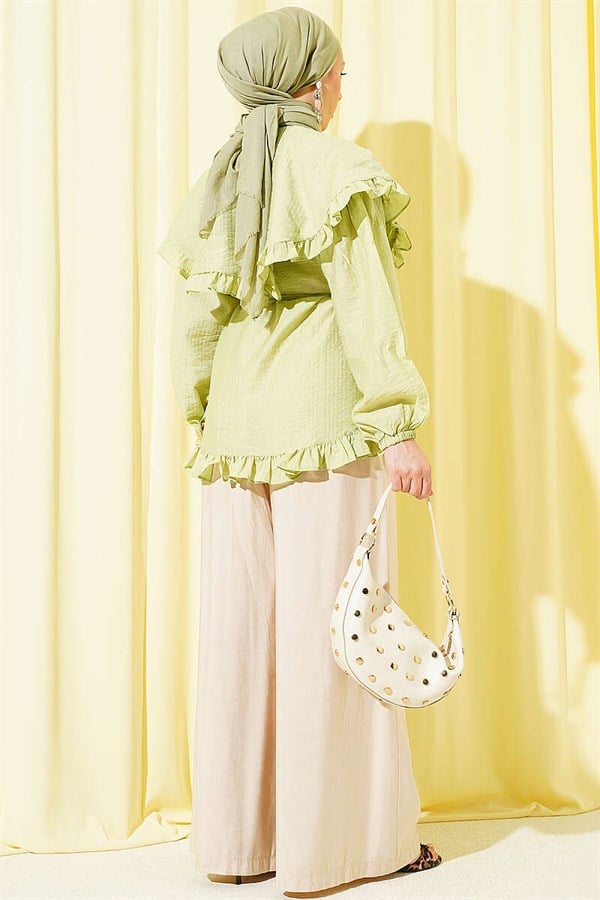 Ruffled Sailor Collar Shirt with Drawstring Belt, Light Green