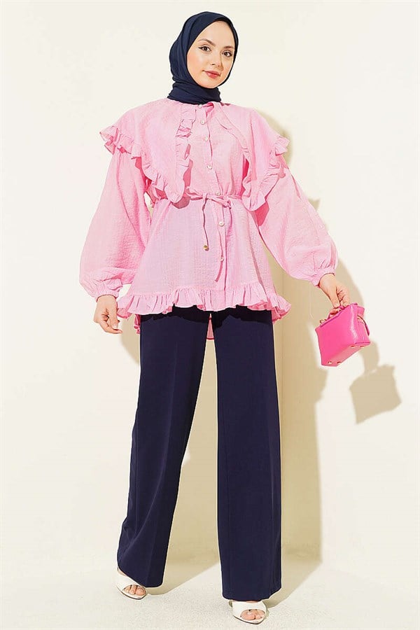 Pink Ruffled Sailor Collar Shirt with Drawstring