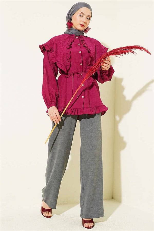 Ruffled Sailor Collar Shirt with Drawstring Belt, Burgundy