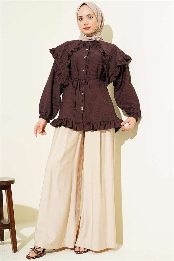 Ruffled Sailor Collar Shirt with Drawstring Belt, Coffee