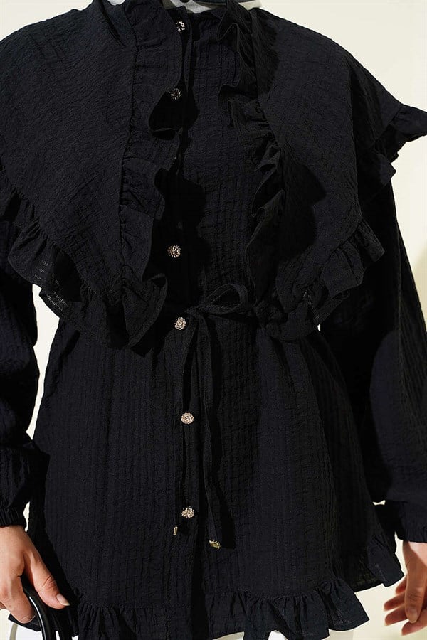 Ruffled Sailor Collar Shirt with Drawstring Belt, Black
