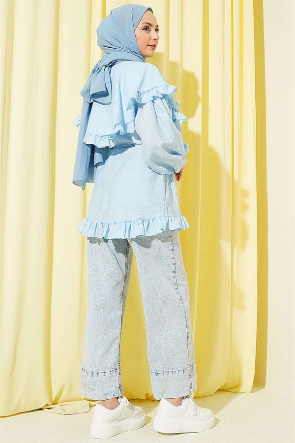 Ruffled Sailor Collar Shirt with Drawstring Belt, Blue