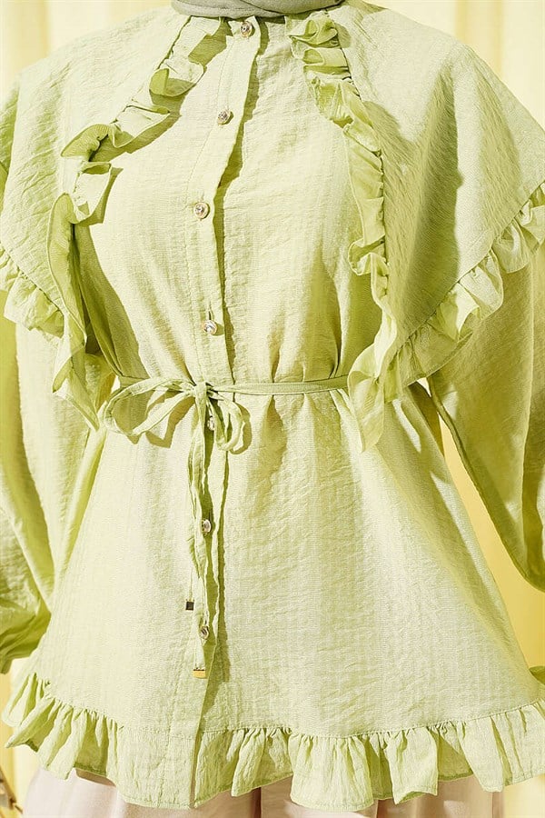 Ruffled Sailor Collar Shirt with Drawstring Belt, Light Green