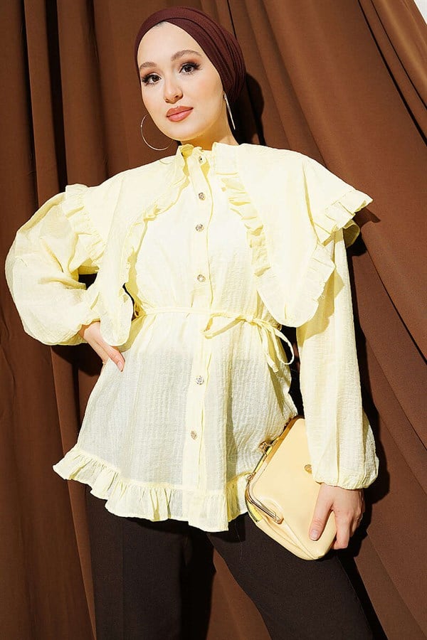 Ruffled Sailor Collar Shirt with Drawstring Belt, Yellow